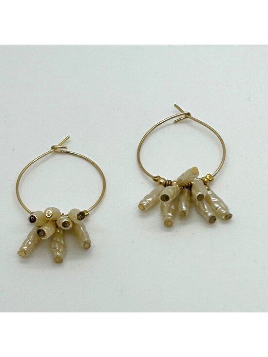 Estate Jewelry - Vintage Gold Hoop Earrings With White Acrylic Stick Pearl Clusters